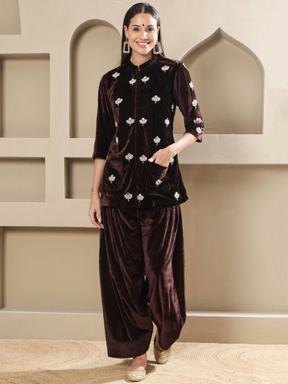 Designer Partywear Brown Velvet Hand-Embellished Shirt With Farshi Salwar