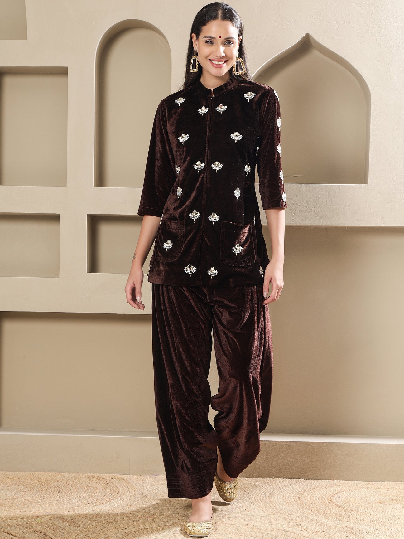 Designer Partywear Brown Velvet Hand-Embellished Shirt With Farshi Salwar
