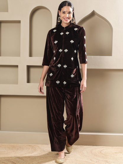 Designer Partywear Brown Velvet Hand-Embellished Shirt With Farshi Salwar
