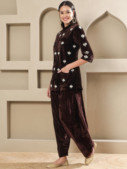 Designer Partywear Brown Velvet Hand-Embellished Shirt With Farshi Salwar