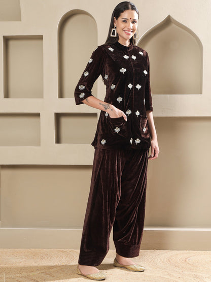 Designer Partywear Brown Velvet Hand-Embellished Shirt With Farshi Salwar
