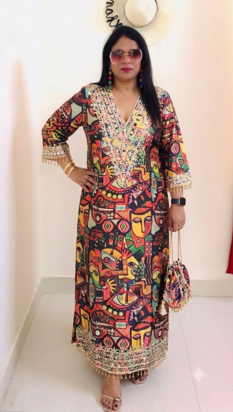 Designer Partywear Printed Pakistani Jalabiya Kaftan Long Dress