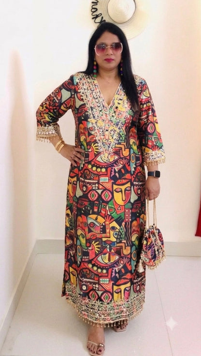 Designer Partywear Printed Pakistani Jalabiya Kaftan Long Dress