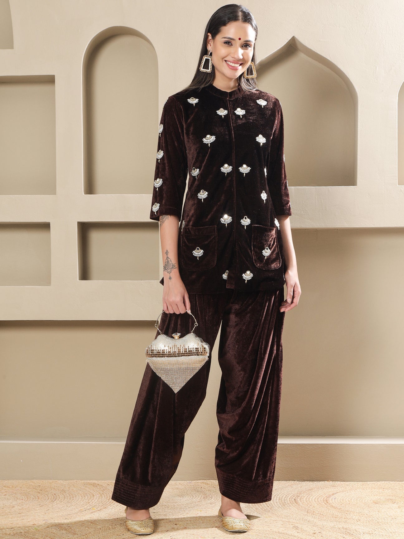Designer Partywear Brown Velvet Hand-Embellished Shirt With Farshi Salwar