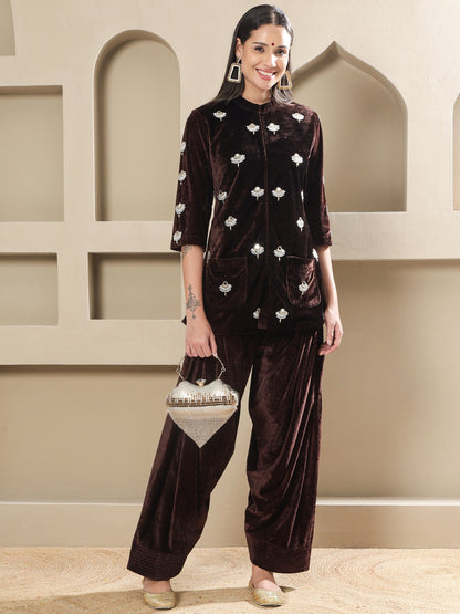 Designer Partywear Brown Velvet Hand-Embellished Shirt With Farshi Salwar