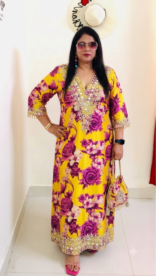 Designer Partywear Printed Pakistani Jalabiya Kaftan Long Dress