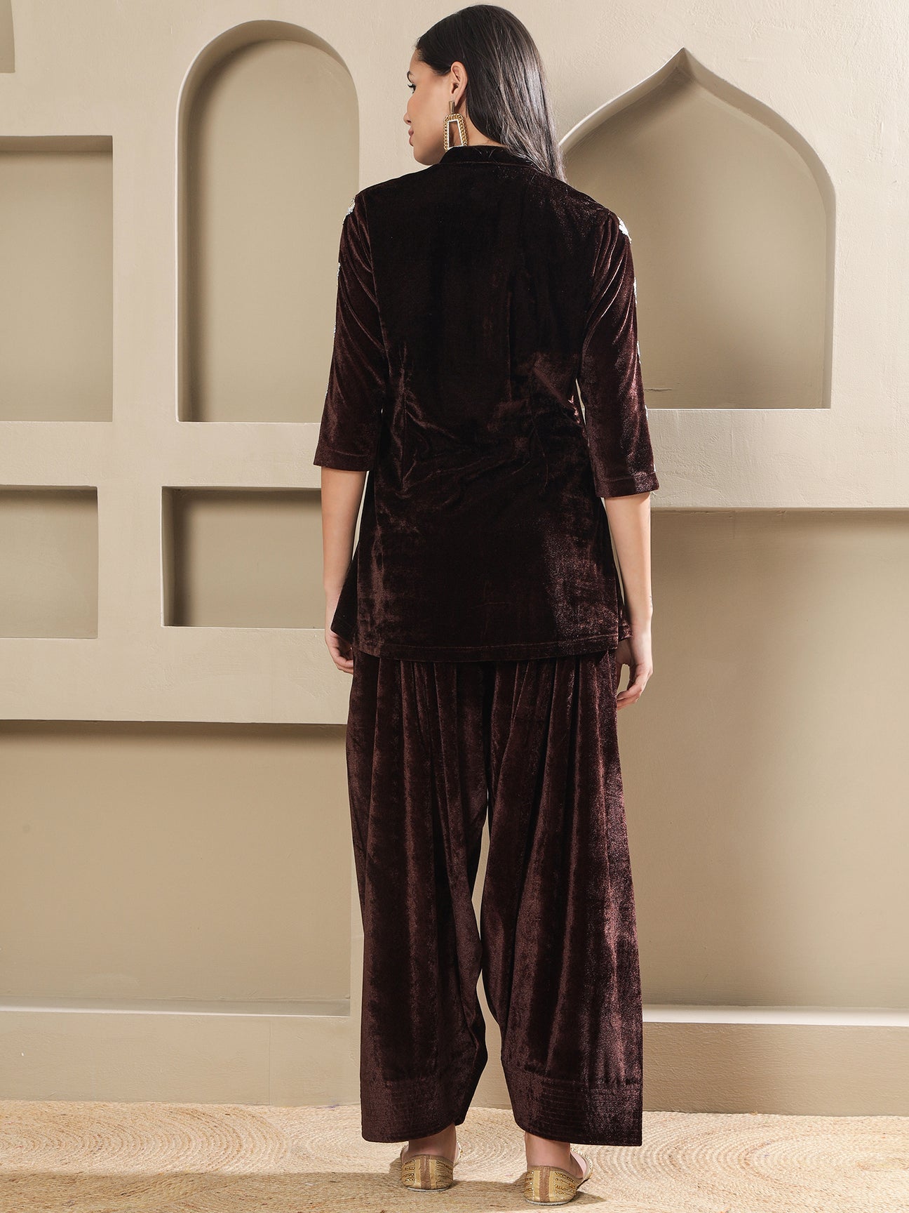 Designer Partywear Brown Velvet Hand-Embellished Shirt With Farshi Salwar
