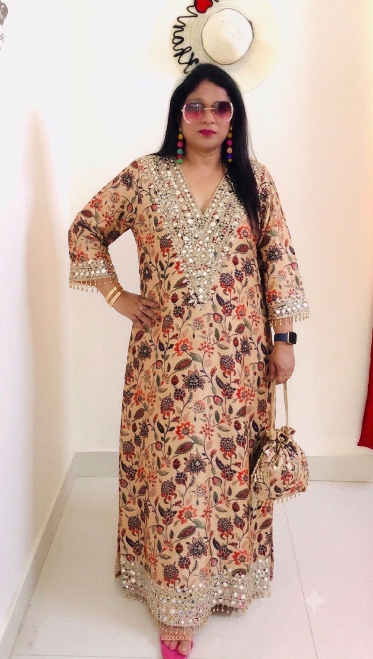 Designer Partywear Printed Pakistani Jalabiya Kaftan Long Dress