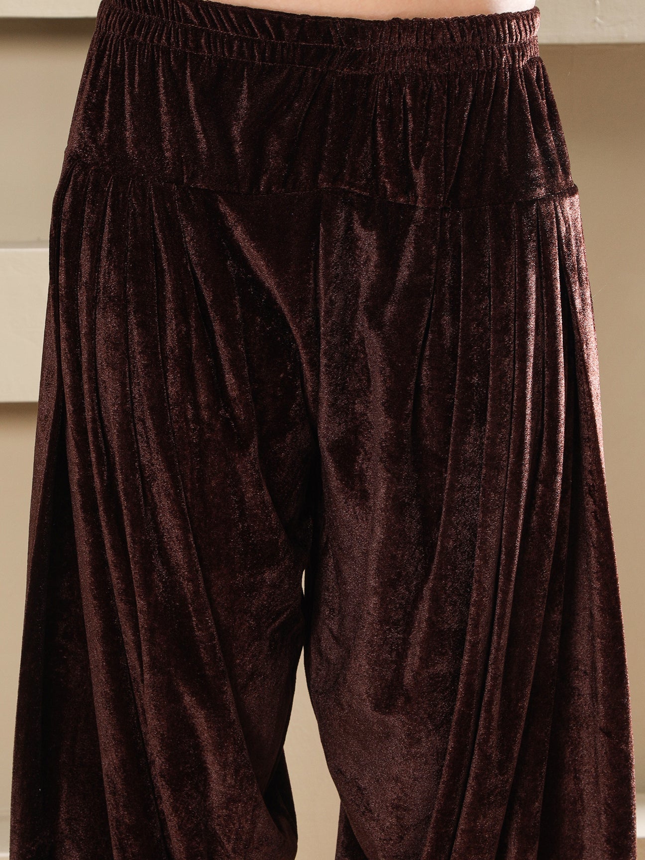 Designer Partywear Brown Velvet Hand-Embellished Shirt With Farshi Salwar