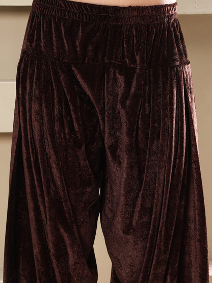 Designer Partywear Brown Velvet Hand-Embellished Shirt With Farshi Salwar