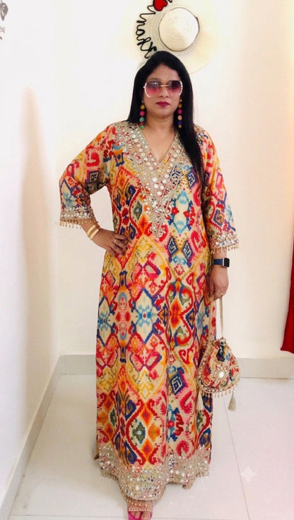 Designer Partywear Printed Pakistani Jalabiya Kaftan Long Dress