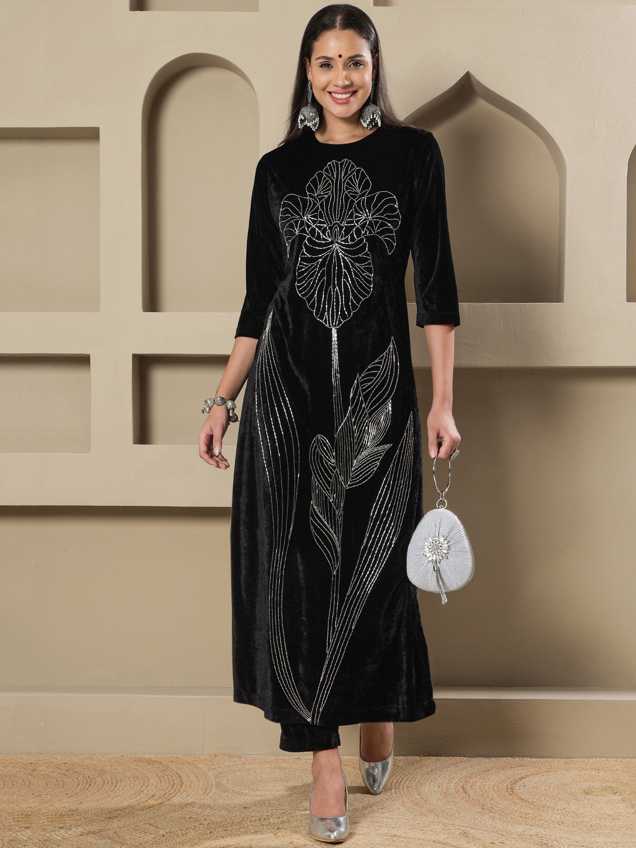 Designer Partywear Black Velvet Handwork Long Straight Shirt With Pants