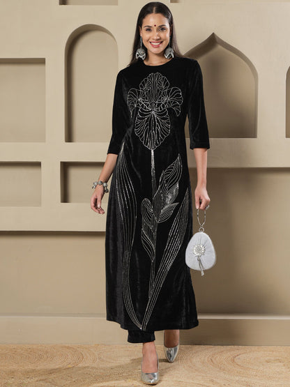 Designer Partywear Black Velvet Handwork Long Straight Shirt With Pants