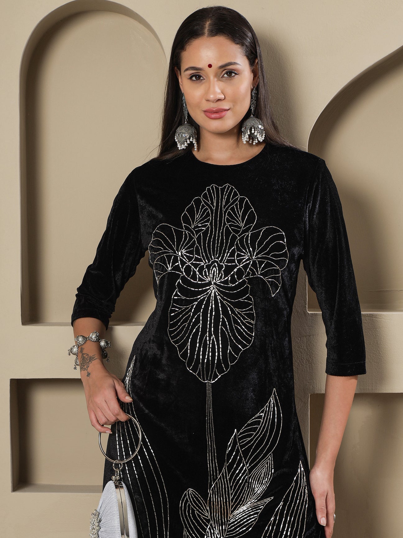 Designer Partywear Black Velvet Handwork Long Straight Shirt With Pants