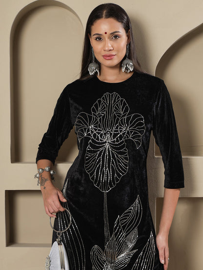 Designer Partywear Black Velvet Handwork Long Straight Shirt With Pants
