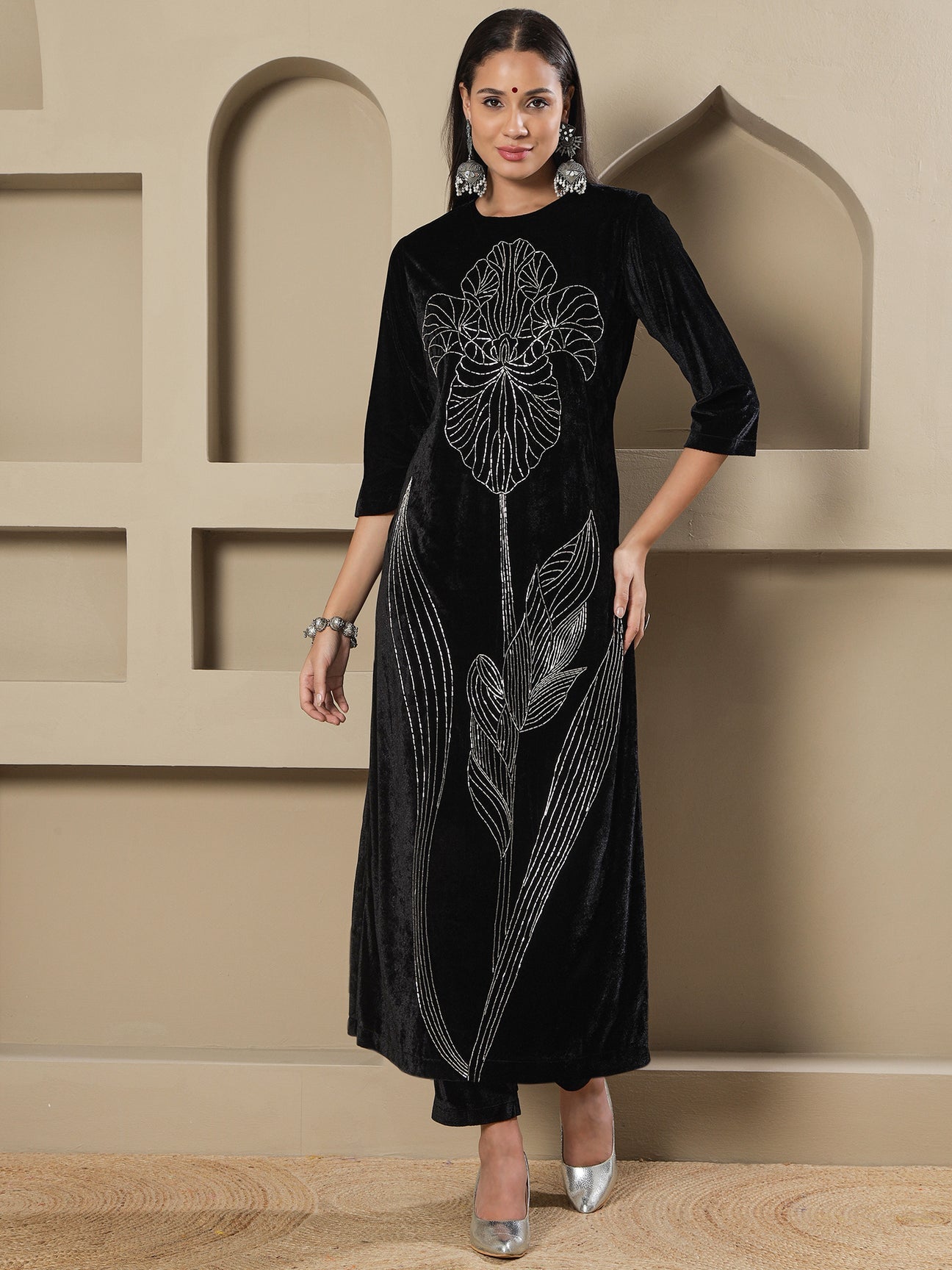 Designer Partywear Black Velvet Handwork Long Straight Shirt With Pants
