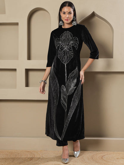 Designer Partywear Black Velvet Handwork Long Straight Shirt With Pants