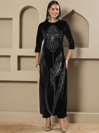 Designer Partywear Black Velvet Handwork Long Straight Shirt With Pants
