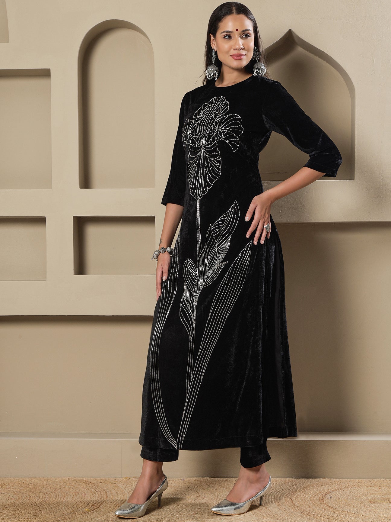 Designer Partywear Black Velvet Handwork Long Straight Shirt With Pants