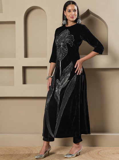Designer Partywear Black Velvet Handwork Long Straight Shirt With Pants