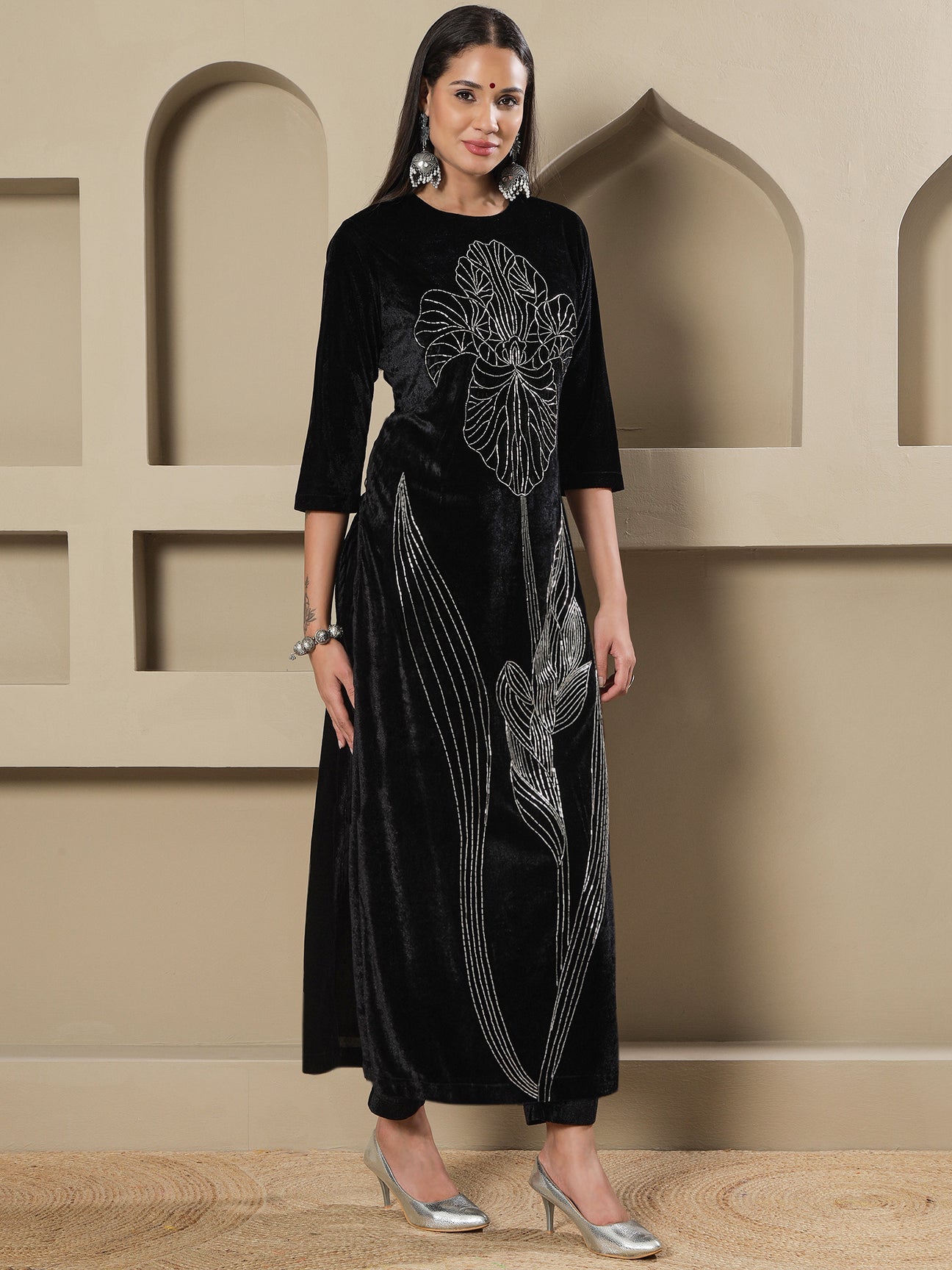 Designer Partywear Black Velvet Handwork Long Straight Shirt With Pants