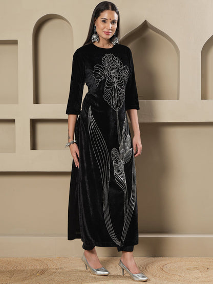 Designer Partywear Black Velvet Handwork Long Straight Shirt With Pants