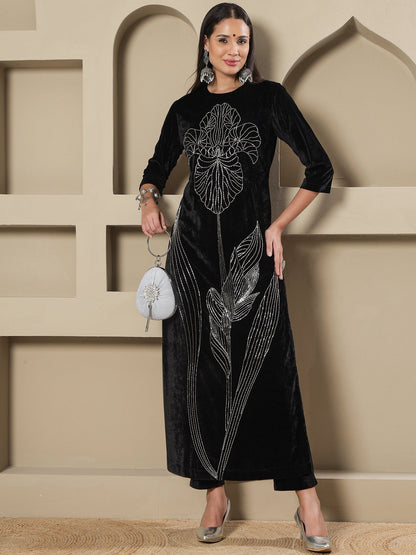 Designer Partywear Black Velvet Handwork Long Straight Shirt With Pants