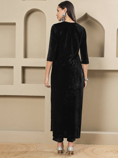 Designer Partywear Black Velvet Handwork Long Straight Shirt With Pants