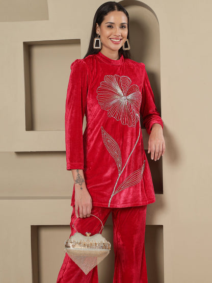 Designer Partywear Hot Pink Velvet Hand-Embroidered Shirt & Bell-Bottom Co-ord Set