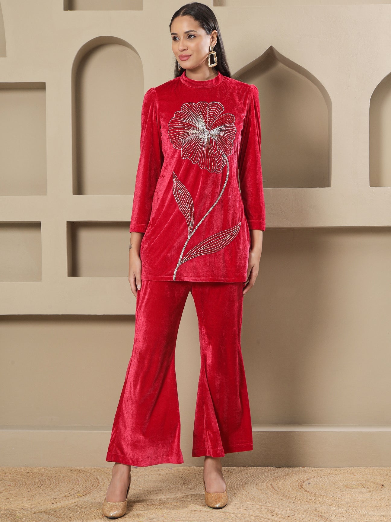 Designer Partywear Hot Pink Velvet Hand-Embroidered Shirt & Bell-Bottom Co-ord Set