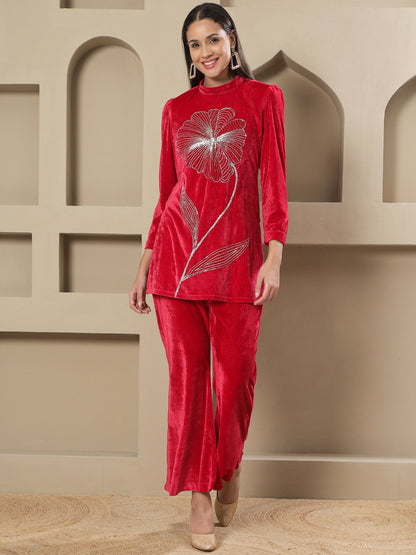 Designer Partywear Hot Pink Velvet Hand-Embroidered Shirt & Bell-Bottom Co-ord Set