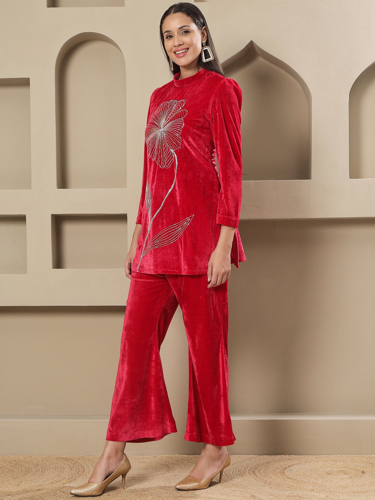 Designer Partywear Hot Pink Velvet Hand-Embroidered Shirt & Bell-Bottom Co-ord Set