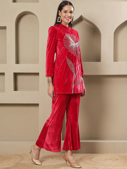 Designer Partywear Hot Pink Velvet Hand-Embroidered Shirt & Bell-Bottom Co-ord Set