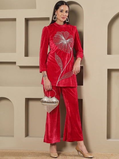Designer Partywear Hot Pink Velvet Hand-Embroidered Shirt & Bell-Bottom Co-ord Set