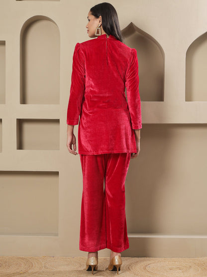 Designer Partywear Hot Pink Velvet Hand-Embroidered Shirt & Bell-Bottom Co-ord Set