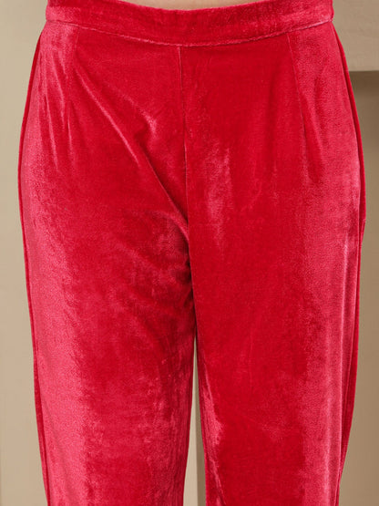 Designer Partywear Hot Pink Velvet Hand-Embroidered Shirt & Bell-Bottom Co-ord Set