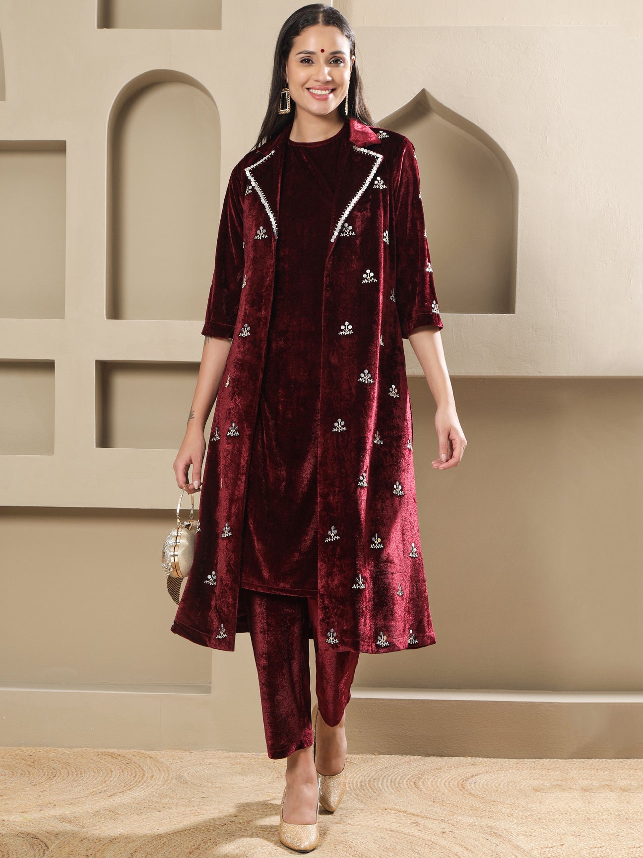 Designer Partywear Maroon Velvet Hand-Embroidered Coat Set-