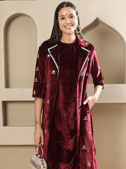 Designer Partywear Maroon Velvet Hand-Embroidered Coat Set-