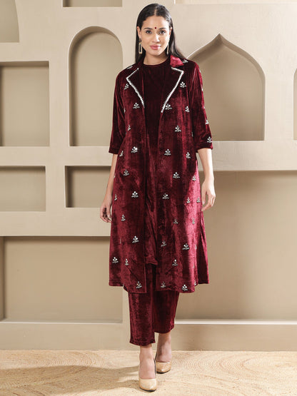 Designer Partywear Maroon Velvet Hand-Embroidered Coat Set-