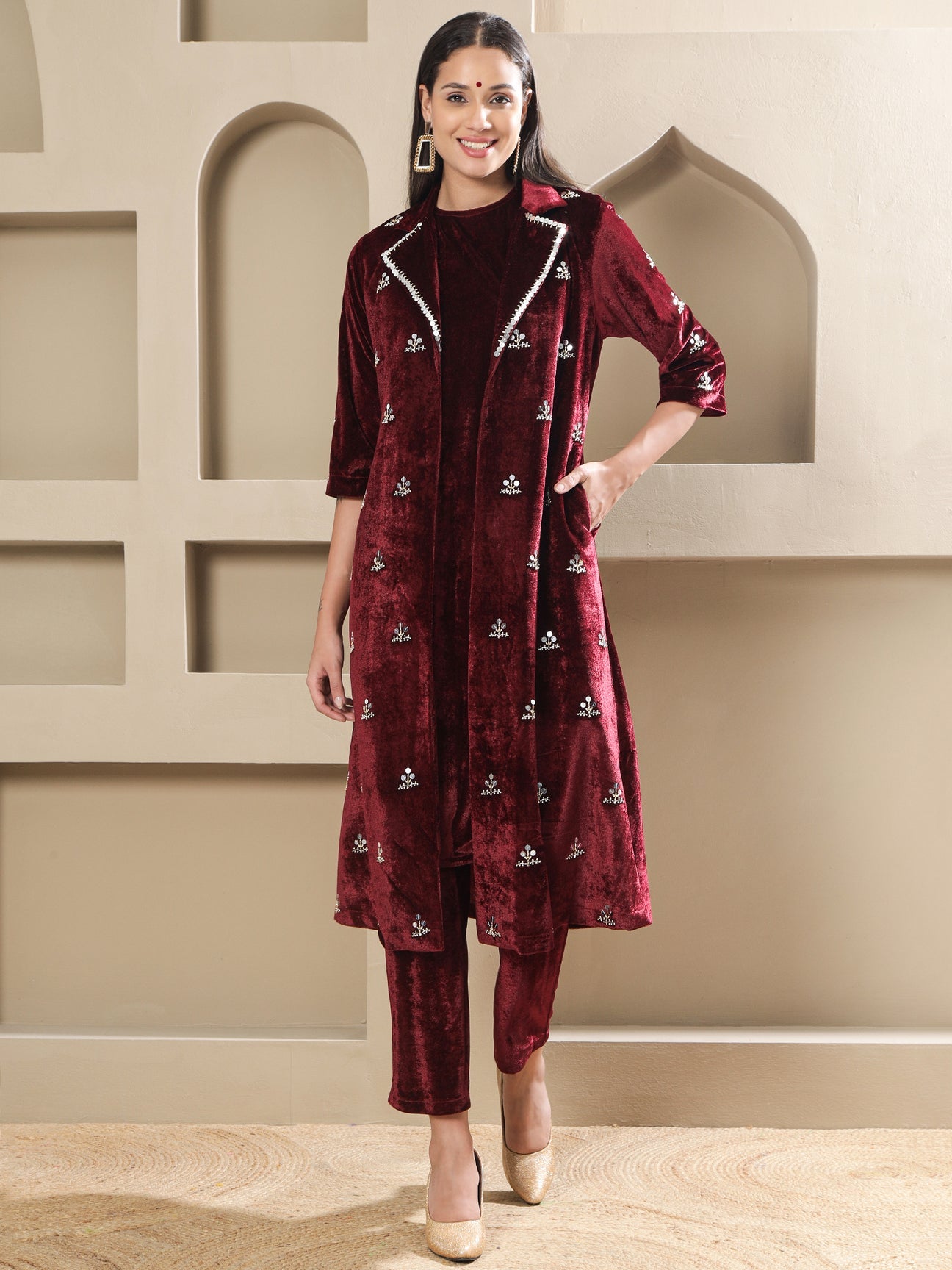 Designer Partywear Maroon Velvet Hand-Embroidered Coat Set-