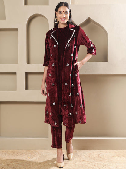 Designer Partywear Maroon Velvet Hand-Embroidered Coat Set-