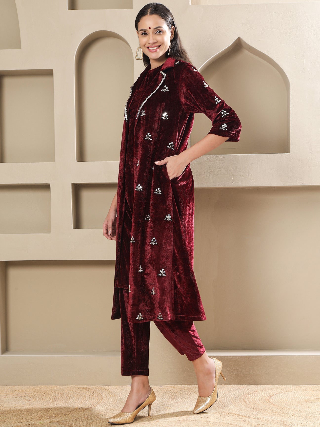 Designer Partywear Maroon Velvet Hand-Embroidered Coat Set-