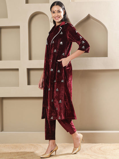 Designer Partywear Maroon Velvet Hand-Embroidered Coat Set-