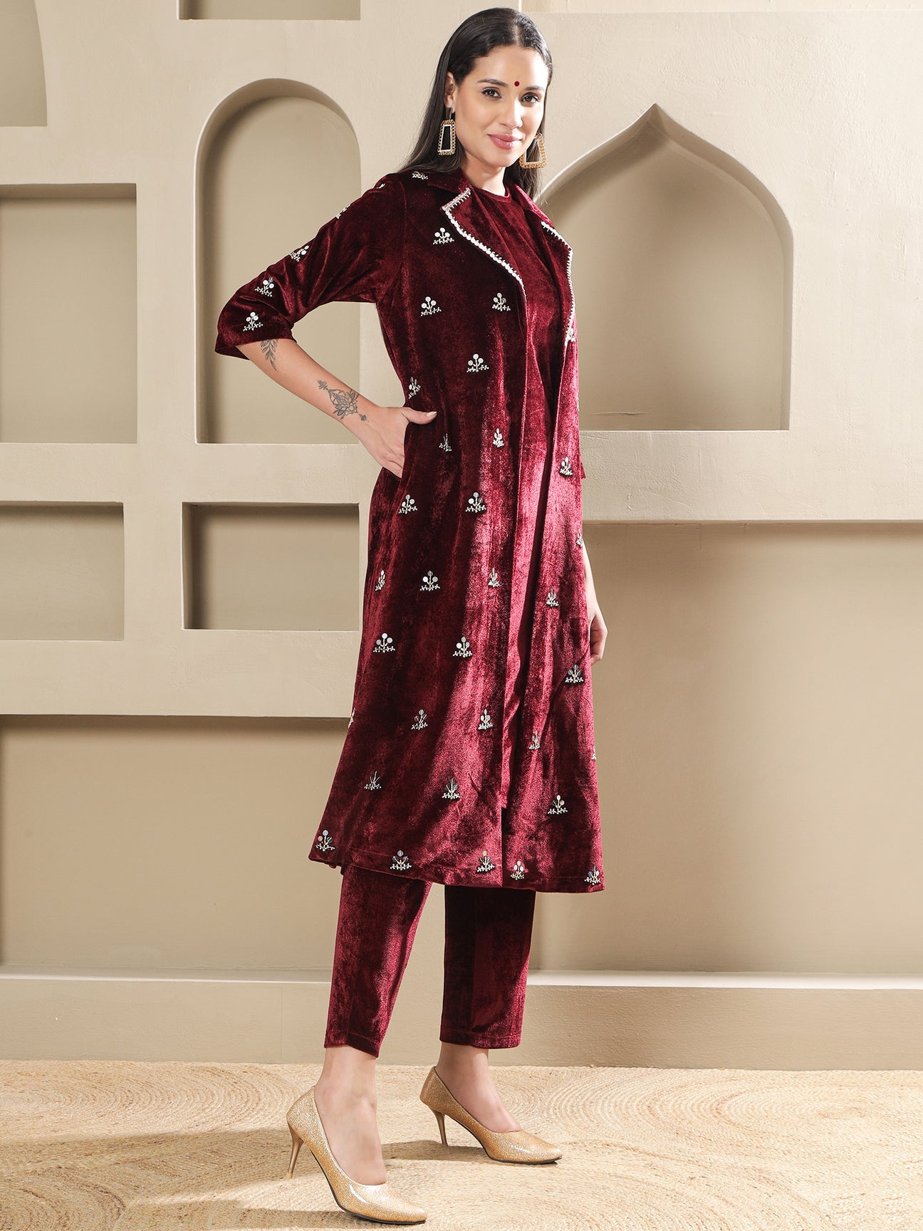 Designer Partywear Maroon Velvet Hand-Embroidered Coat Set-