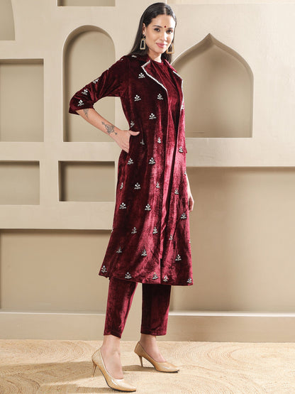 Designer Partywear Maroon Velvet Hand-Embroidered Coat Set-