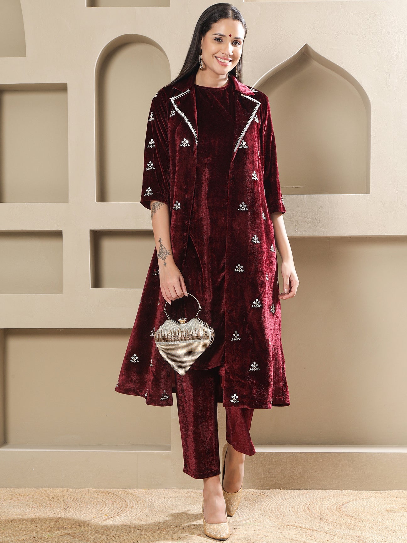 Designer Partywear Maroon Velvet Hand-Embroidered Coat Set-