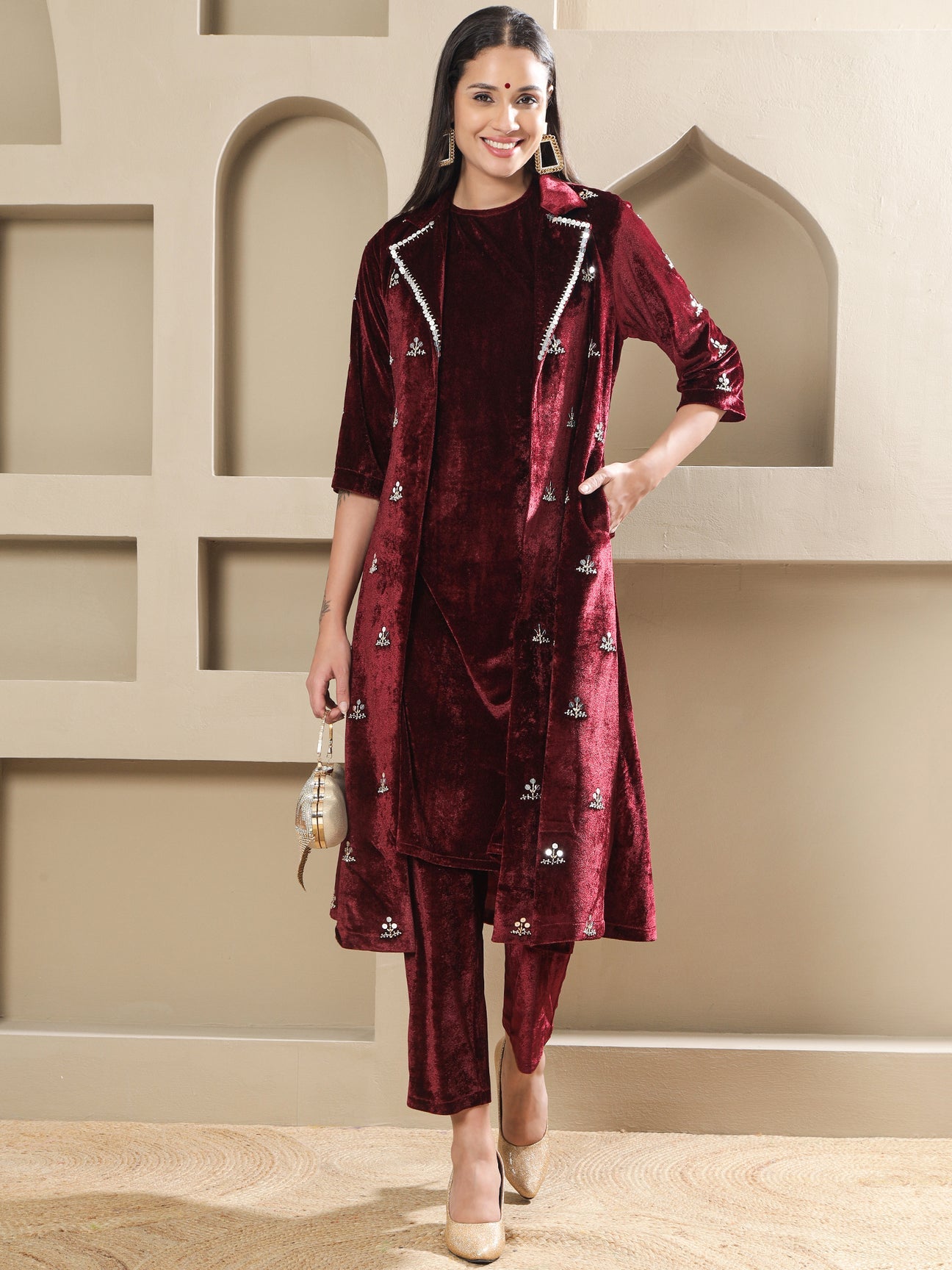 Designer Partywear Maroon Velvet Hand-Embroidered Coat Set-