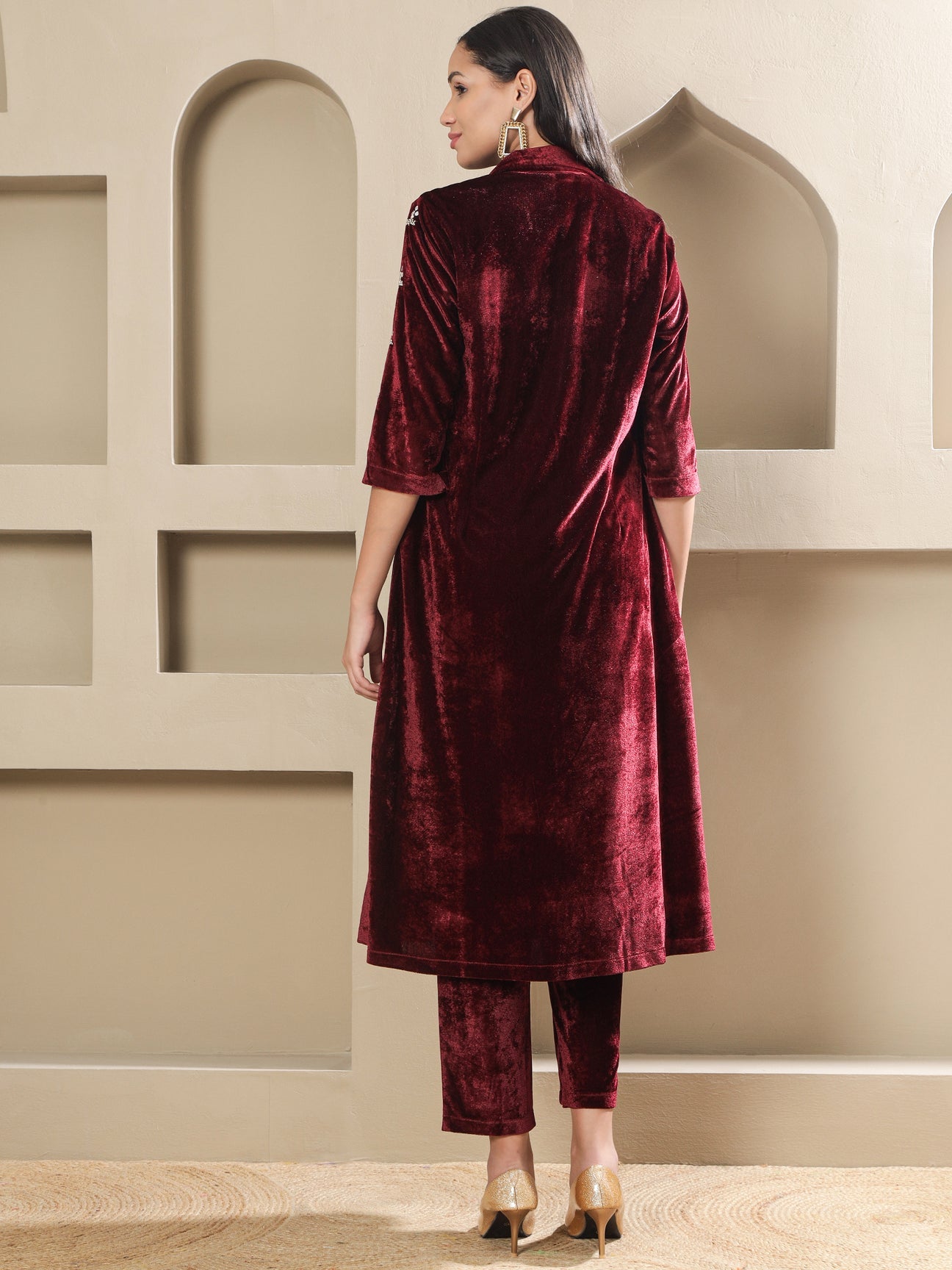 Designer Partywear Maroon Velvet Hand-Embroidered Coat Set-
