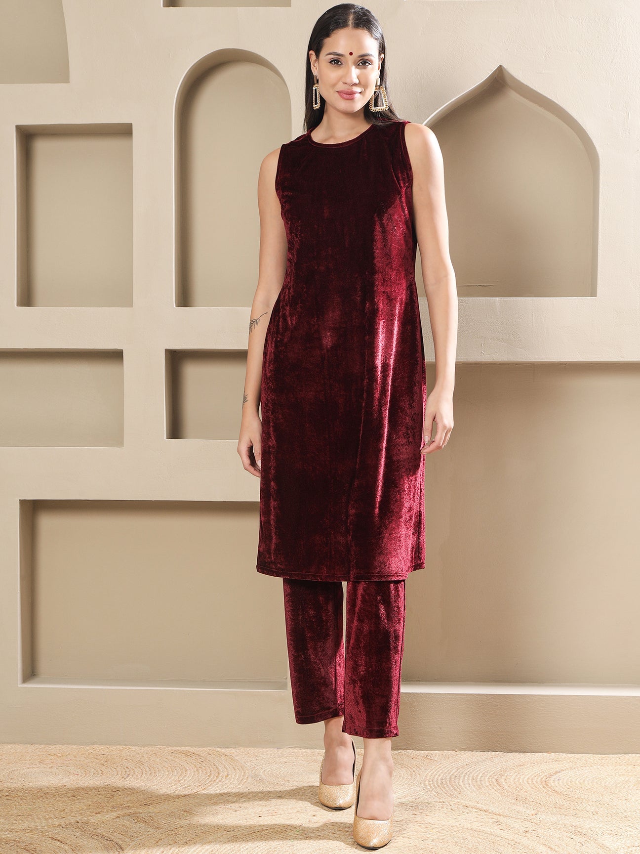 Designer Partywear Maroon Velvet Hand-Embroidered Coat Set-