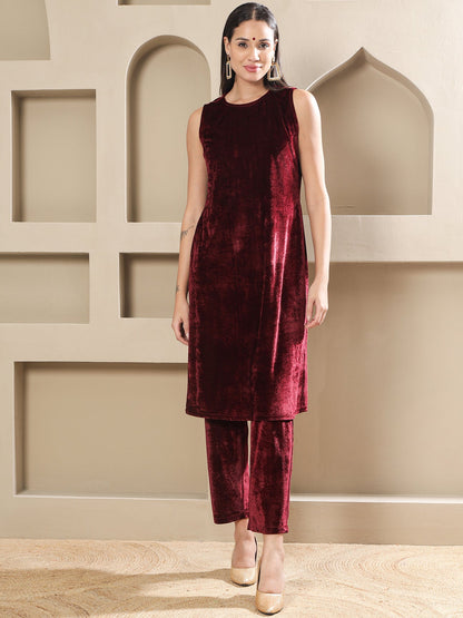 Designer Partywear Maroon Velvet Hand-Embroidered Coat Set-